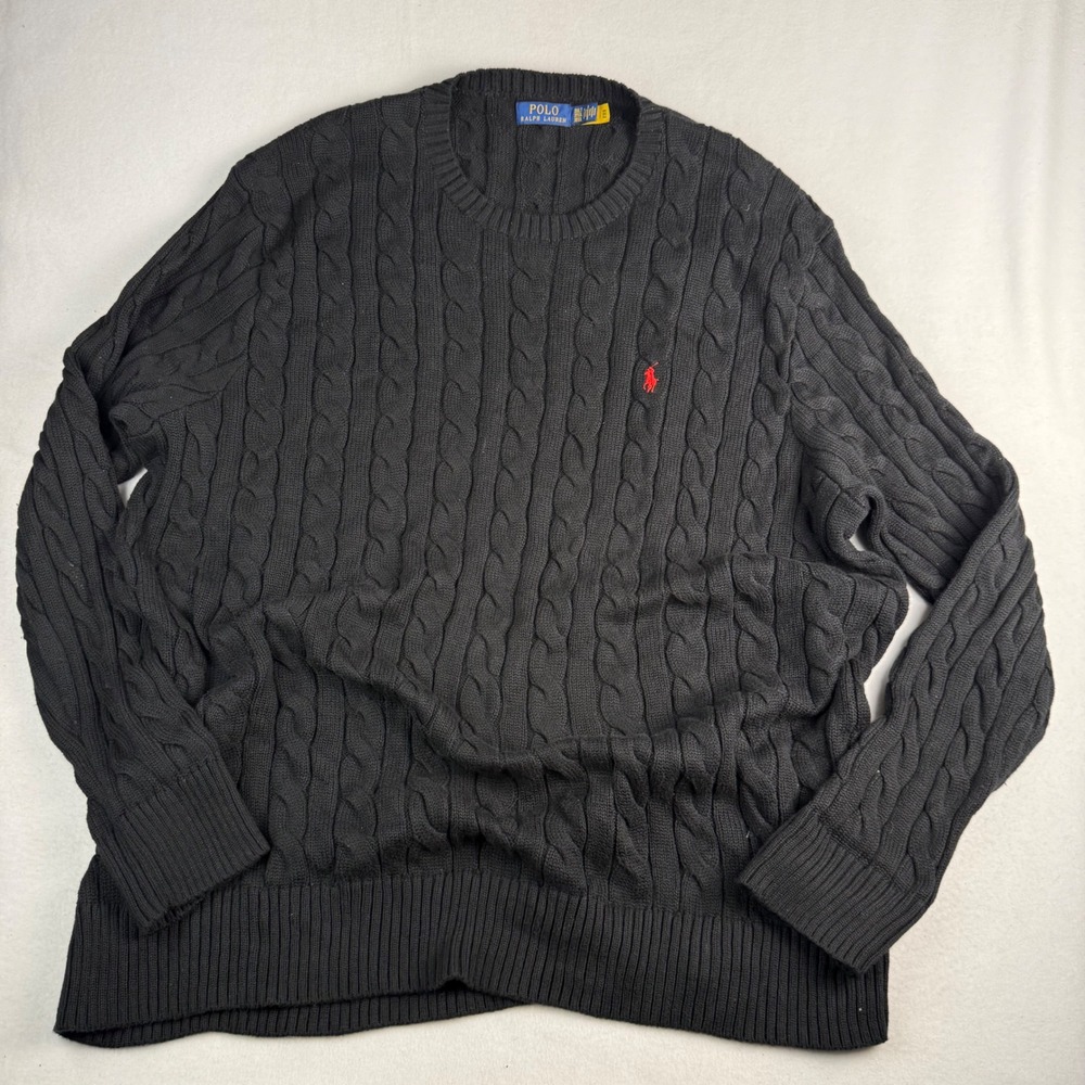 Polo Ralph Lauren Black Cable Knit‎ Sweater Crew Neck Red Pony Logo Mens 3XLT